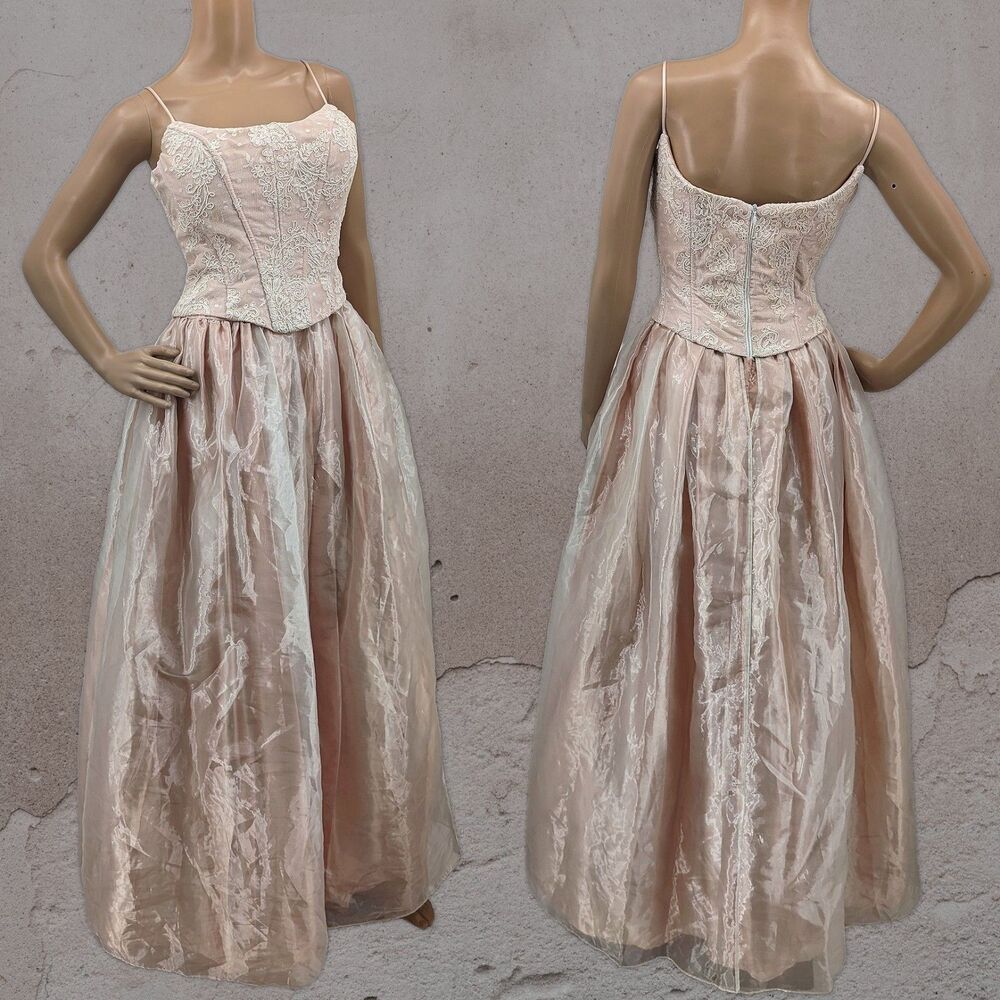 Vintage 1990s Jessica McClintock Gown Corset Pink Floral Maxi Dress Prom Size 8